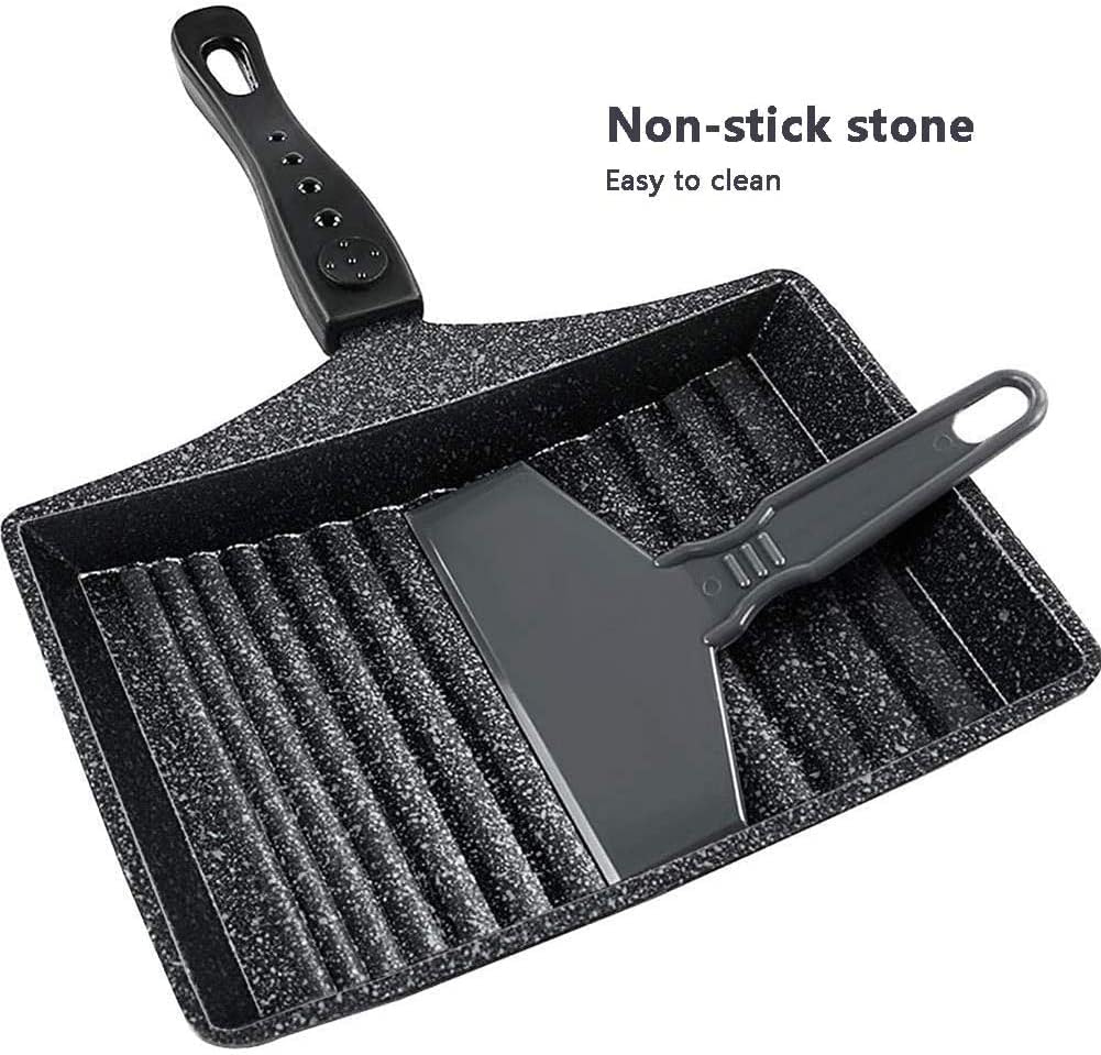 Tamagoyaki Frying Pan, Non-Stick Wave Bottom Maifanite Stone Egg Roll Pan for Omelette, Japanese Snacks, Black
