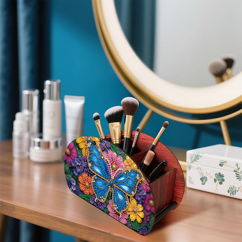 POETRYDRAW DIY Butterfly Diamond Art Painting Wooden Storage Box – Multi-Grid Moon Fan Makeup Brush Organizer, Double-Sided Drill Tabletop Holder for Women, Office & Home Decoration