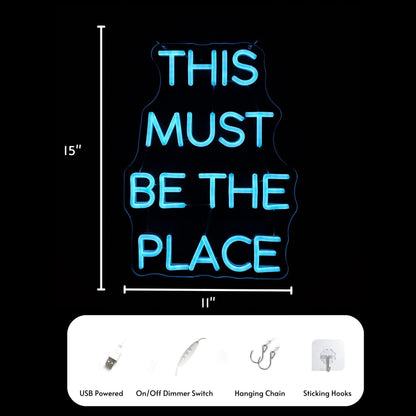 15.8" This Must Be The Place LED Neon Sign - Blue, Dimmable Light for Home, Bedroom, Cafe, Bar Wall Decor - Energy-Efficient Neon Light with Installation Kit - Perfect for Weddings and Birthdays