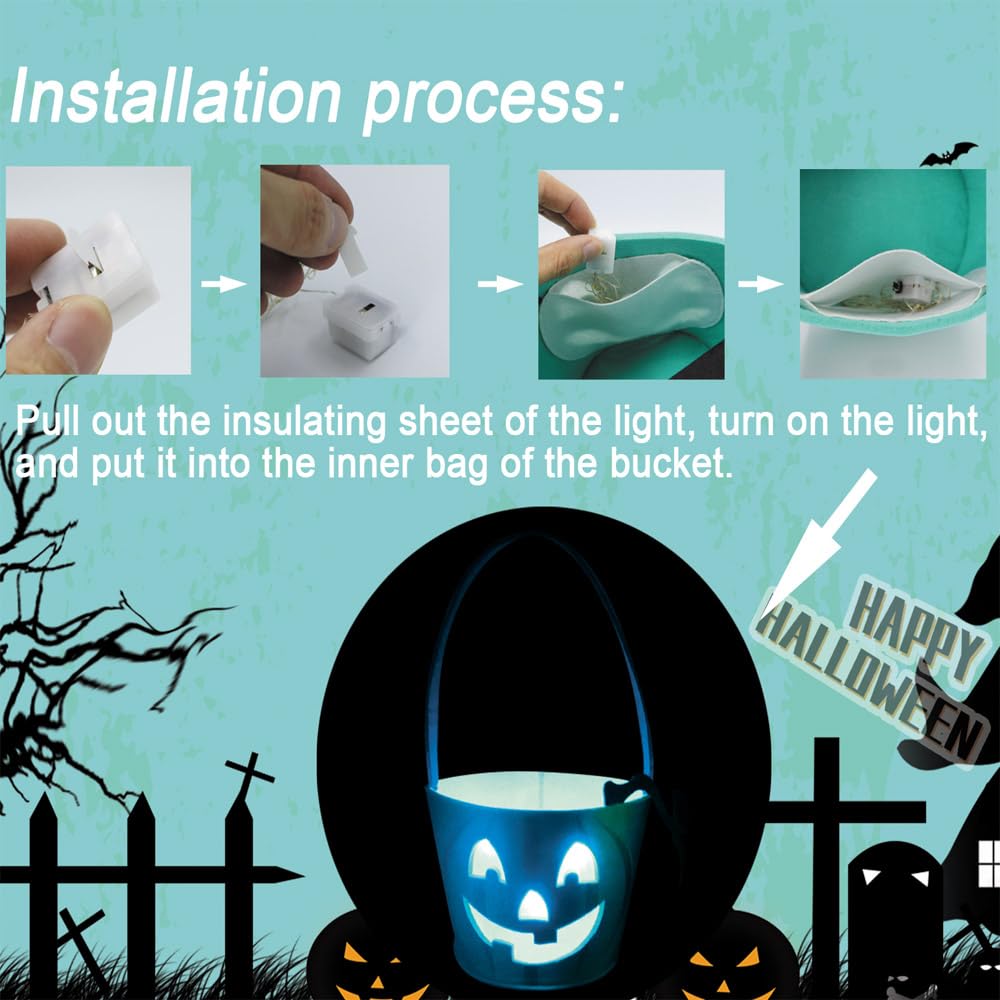 Six Senses Media Light Up Teal Pumpkin Halloween Felt Trick or Treat Bucket, with Blue LED lights, Halloween Party Favors, Halloween Snacks, Goodie Bags for Kids, Novlety Gifts