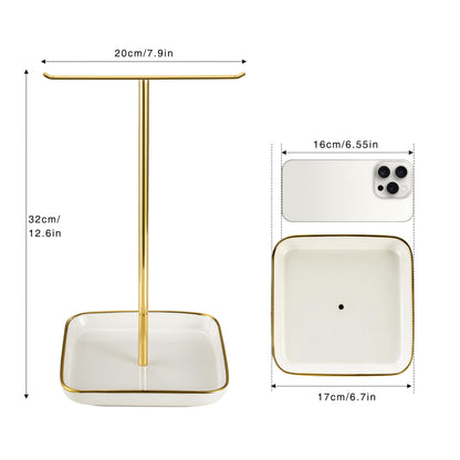 Jewelry Holder Stand with Ceramic Base: 12" Tall Necklace Organizer Rack, Tree Design Display Storage for Necklaces, Bracelets, Rings, Earrings, Aesthetic Room Décor for Girls and Women, Gold