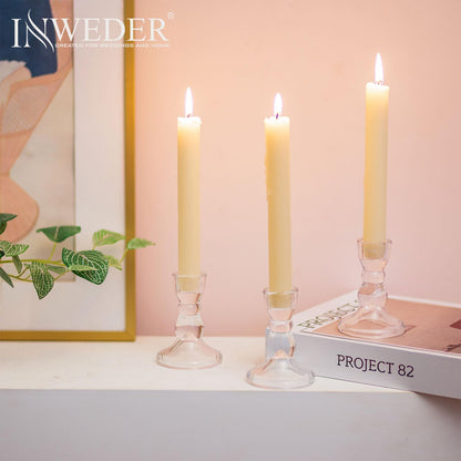 Inweder Glass Taper Candle Holders - Cute Candlestick Holders, 20Pcs Clear Candle Stick Candle Holder, Modern Tapered Candlestick Holders for Standard Candles for Wedding Christmas Home Decor