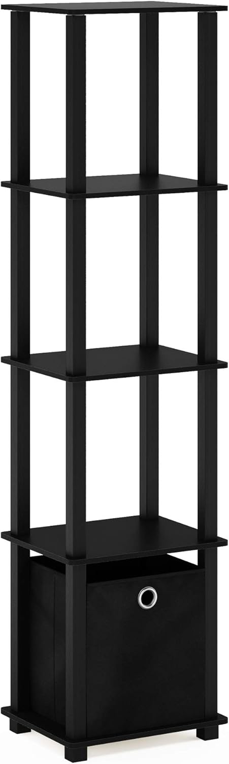 5-Tier FURINNO Black Decorative Shelf with Fabric Bin - Slim Design