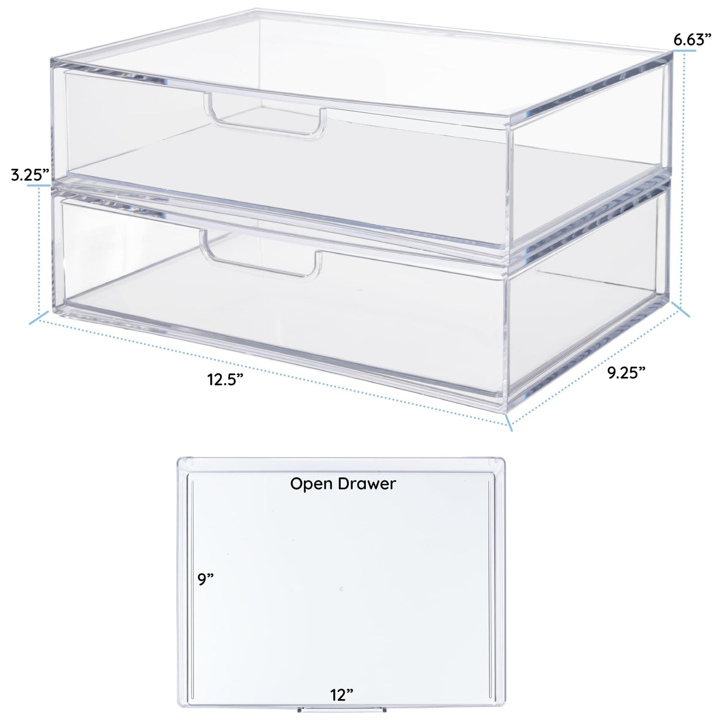 STORi STAX Plastic Stackable Organizer Drawers (Set of 2) Clear | 12.5" Wide | Set Includes Two Open Drawer | Organize Office Desk Accessories & Sort Paper | Made in USA