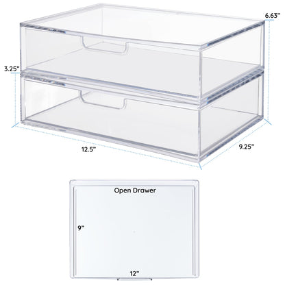 STORi STAX Plastic Stackable Organizer Drawers (Set of 2) Clear | 12.5" Wide | Set Includes Two Open Drawer | Organize Office Desk Accessories & Sort Paper | Made in USA