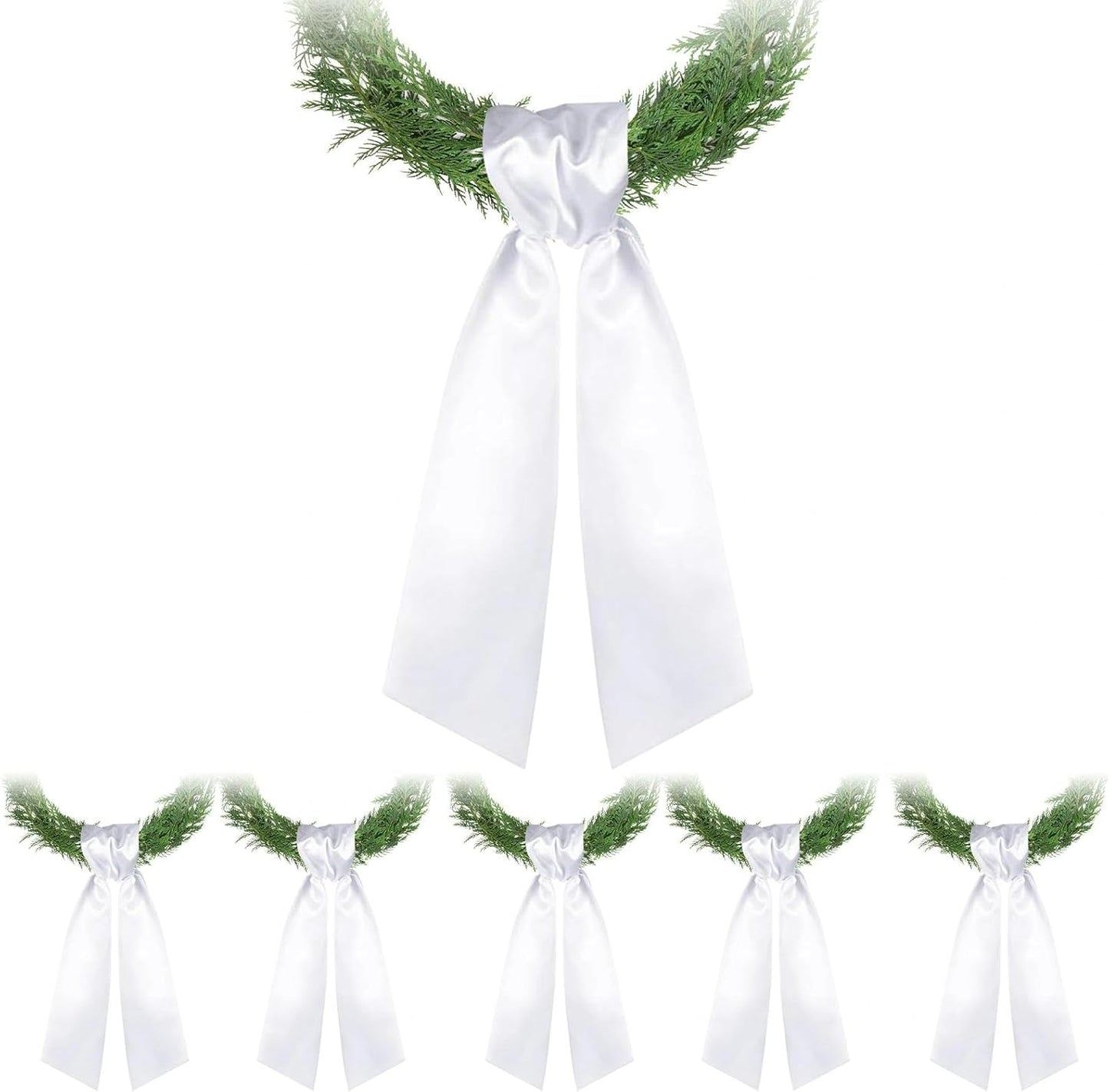 Skiennix 6 PCS White Satin Wreath Sashes - Embroidered Decor for Weddings & Holidays