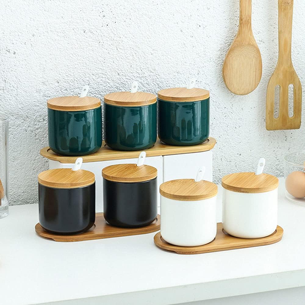 Simple Pure Color Ceramic Spice Jar, Seasoning Box with Bamboo Lid and Spoon