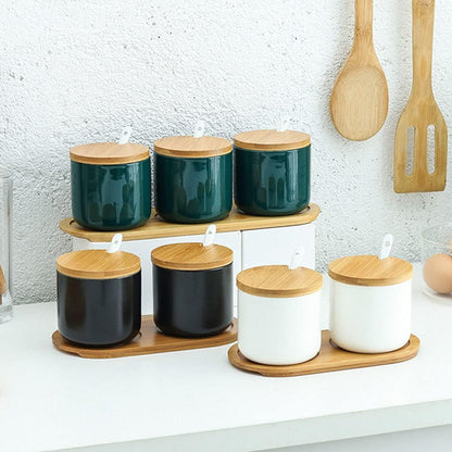 Simple Pure Color Ceramic Spice Jar, Seasoning Box with Bamboo Lid and Spoon
