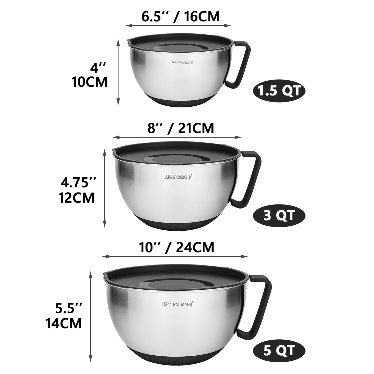 Rorence Stainless Steel Non-Slip Mixing Bowls With Pour Spout, Handle and Lid, Set of 3, Black