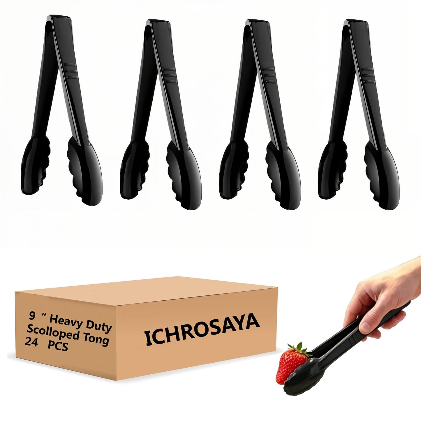 ICHROSAYA 24 Pieces Disposable Serving Tongs, 9" Heavy-Duty Plastic Utensils, BPA-Free, Scalloped Grip Salad Tongs, Perfect for Buffets, BBQ, Parties & Catering, Black