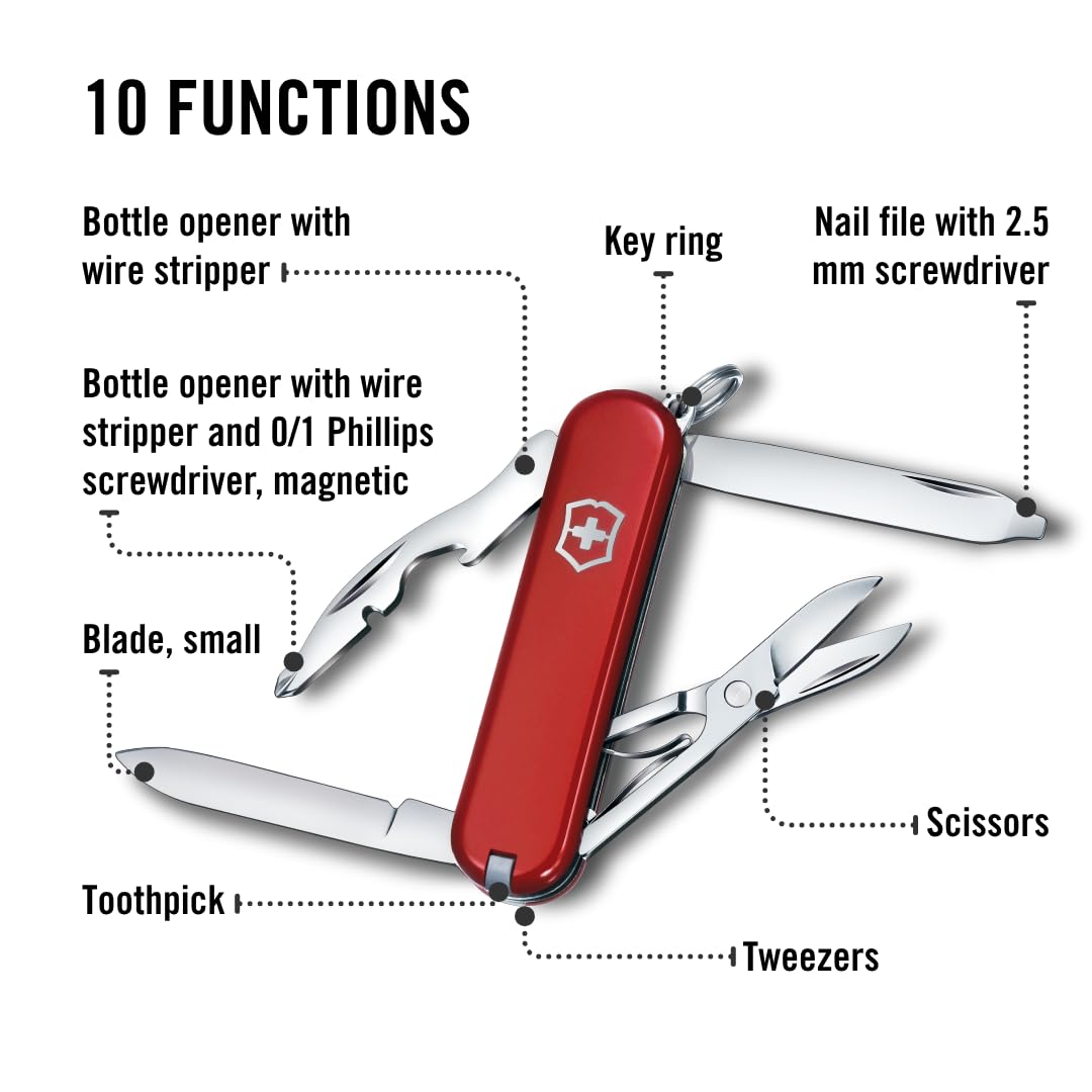 Victorinox Rambler Swiss Army Knife, Compact, 10 Functions, Swiss Made Pocket Knife with Magnetic Phillips Screwdriver, Scissors and Tweezers - Red