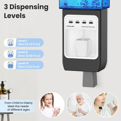 WOVAZUS Auto-Mouthwash Dispenser for Bathroom - 700mL Rechargeable Wall-Mounted with 2 Magnetic Cups, 3 Smart Levels, No-Drill Installation for Kids & Adults (12-Month Battery)