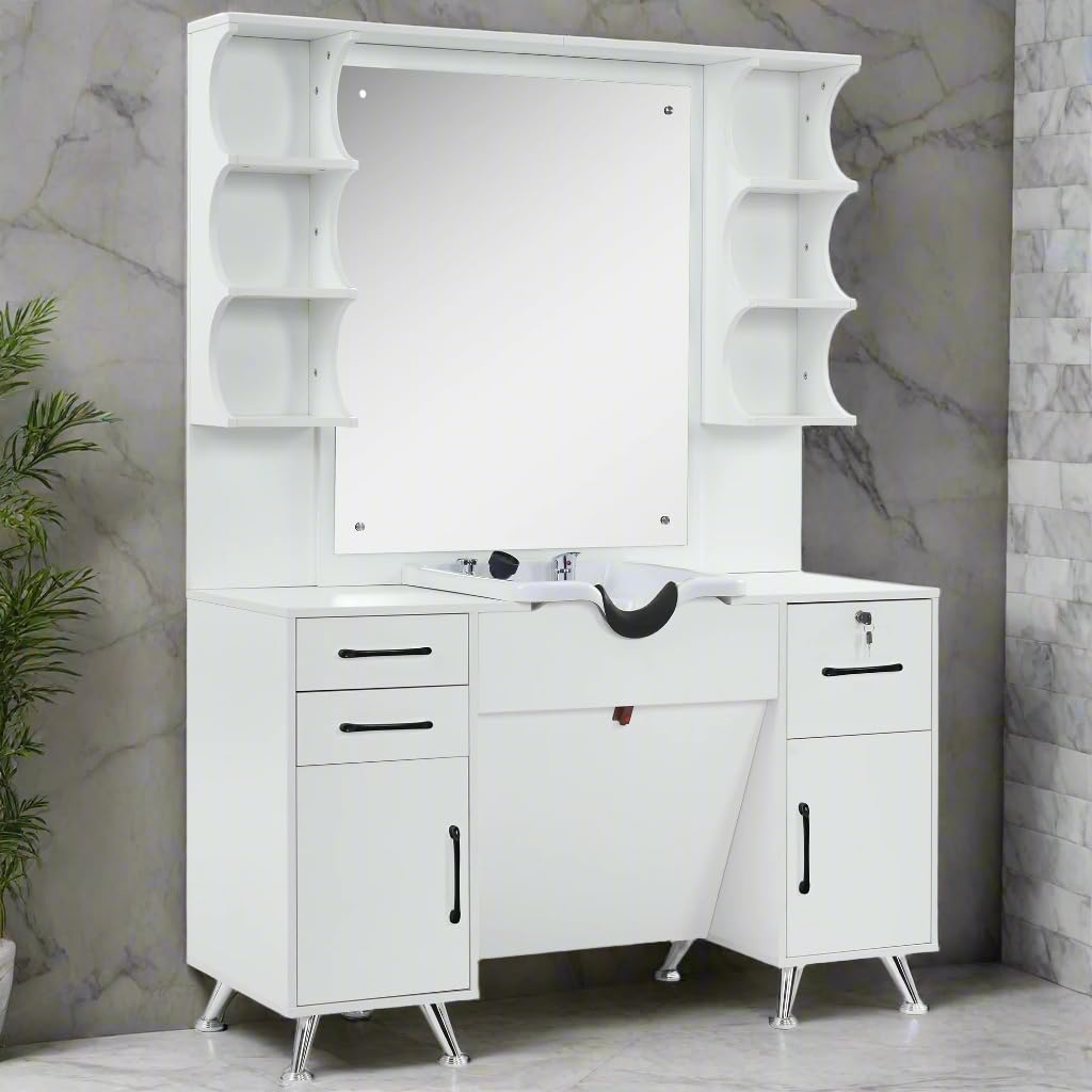 BarberPub Backwash Shampoo Bowl Cabinet, Wall Mount Station with Mirror, Storage Cabinet with Drawers & Shelf 3141 (White)
