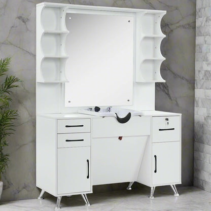 BarberPub Backwash Shampoo Bowl Cabinet, Wall Mount Station with Mirror, Storage Cabinet with Drawers & Shelf 3141 (White)