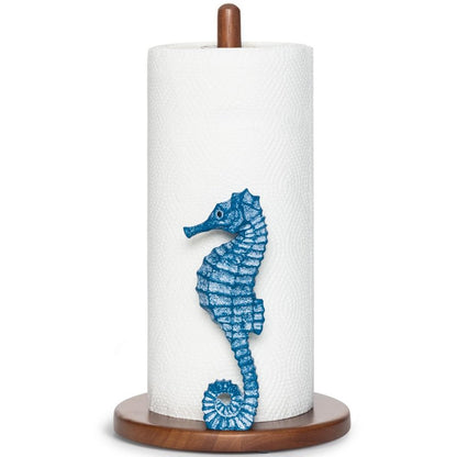 Seahorse Paper Towel Holder - Beach House Decor Unique Coastal Decor Seahorse Gifts for Women, Funny Cute Paper Towel Holder Stand Wood Kitchen Countertop Bathroom Decor Blue Coastal Kitchen