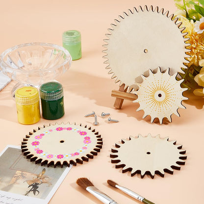 OLYCRAFT 4Sets Unfinished Wooden Gears Interchangeable Wood Gears Undyed Wooden Gear Pieces Steampunk Wood Pieces DIY Paint Gear Craft Supplies with Screw for DIY Craft Decoration Busy Board Accessory