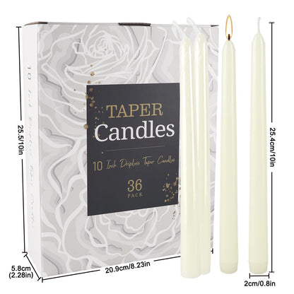 36 Pack Ivory Taper Candles 10 inch(H) Dripless, Smokeless & Unscented - Long Burning Time - Hand Poured Tall Candlesticks - Ideal for Restaurant,Weddings, Dinner Parties, and Home Decor