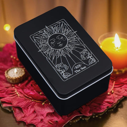 CREATCABIN Iron Tarot Cards Storage Box Tarot Card Holder Box Black Sun Metal Trinkets Case Tin Tarot Card Collection Boxes Deck Cases for Jewelry Fortune Telling Witchcraft Decor 3x5x2Inch
