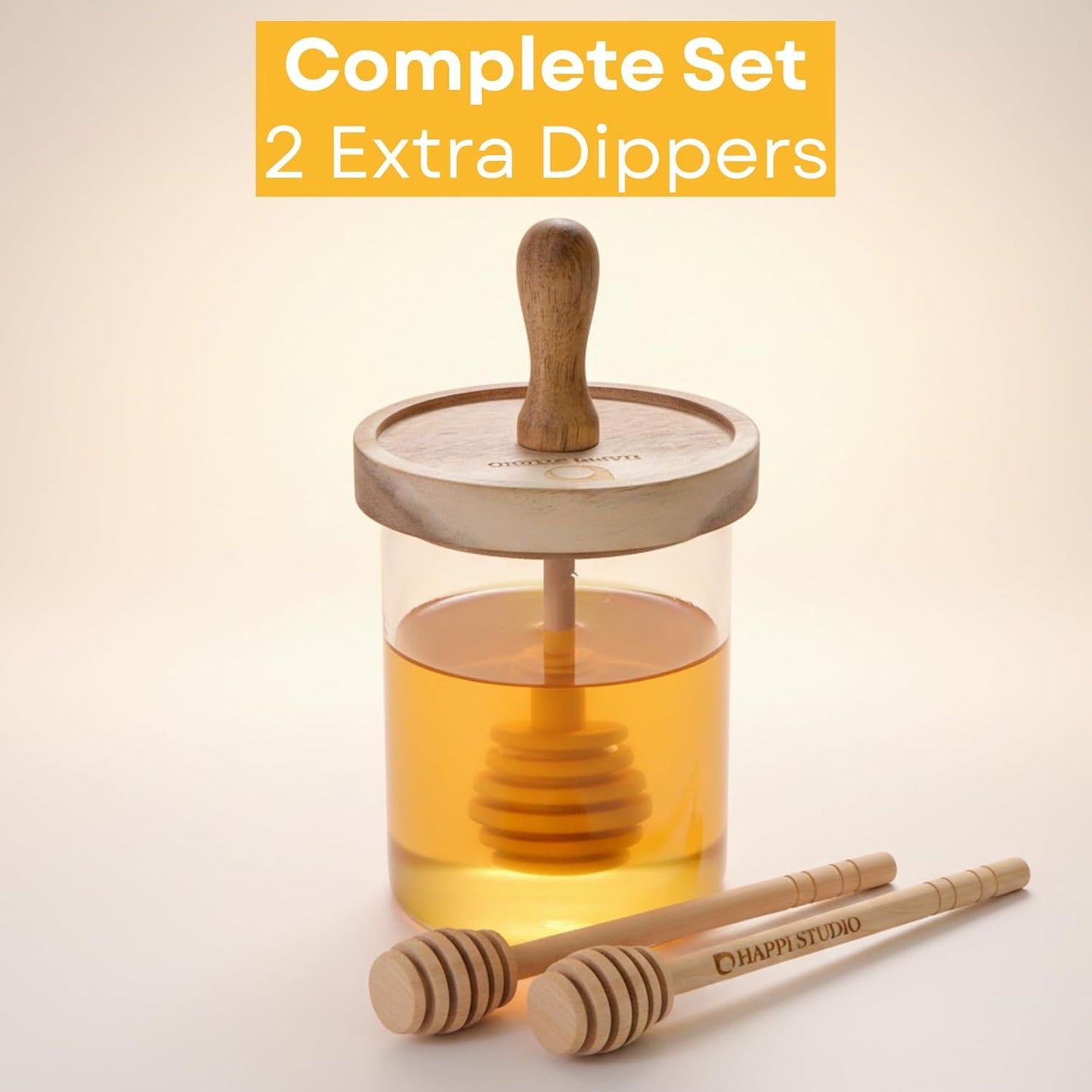 13.5 OZ HAPPI STUDIO Airtight Honey Pot with Dipper - Borosilicate Glass Honey Jar with Dipper - Glass Honey Dispenser