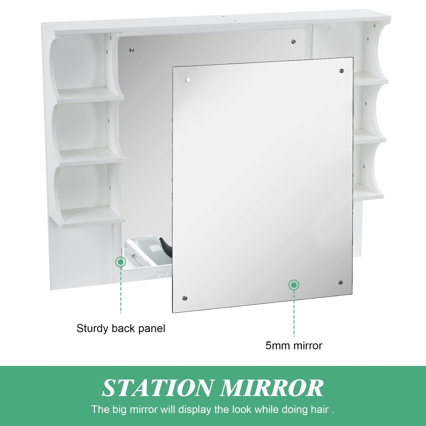 BarberPub Backwash Shampoo Bowl Cabinet, Wall Mount Station with Mirror, Storage Cabinet with Drawers & Shelf 3141 (White)