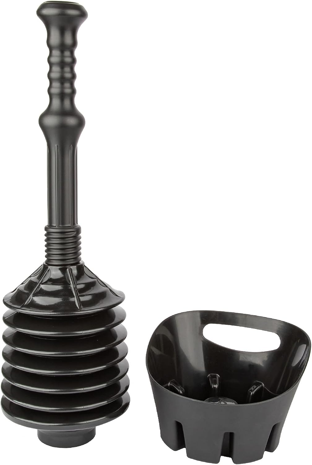 JS Jackson Supplies Black Toilet Plunger with Black Bellows Accordion and Storage Tray