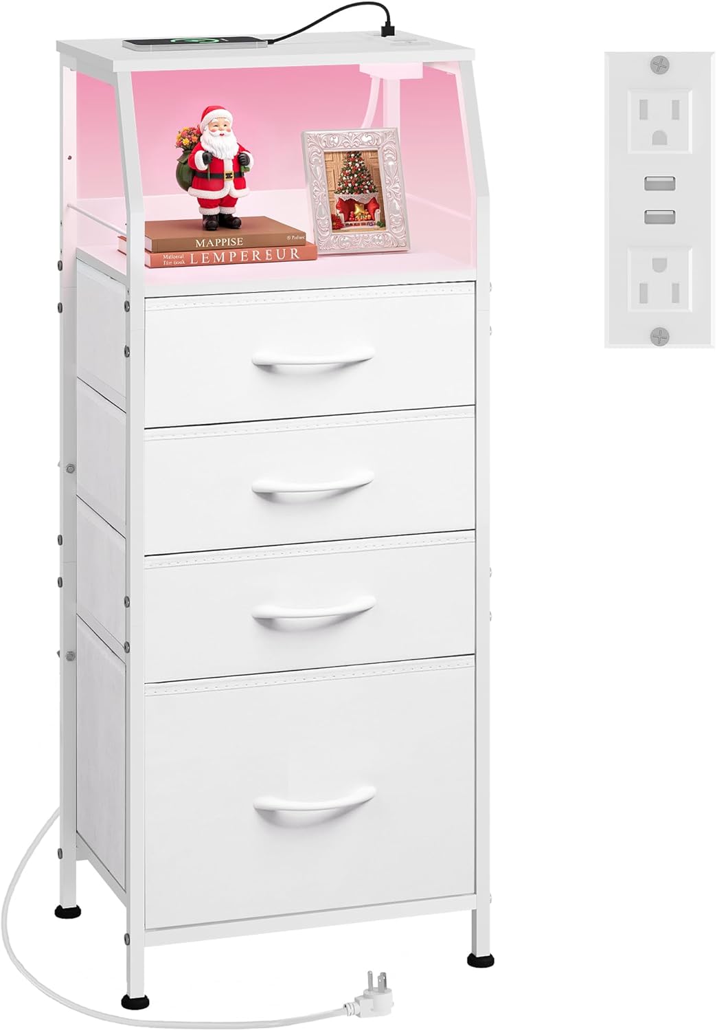 4 37.48" WLIVE Night Stand with Charger Station, White Nightstand with LED Light and Storage Drawers, Tall Dresser