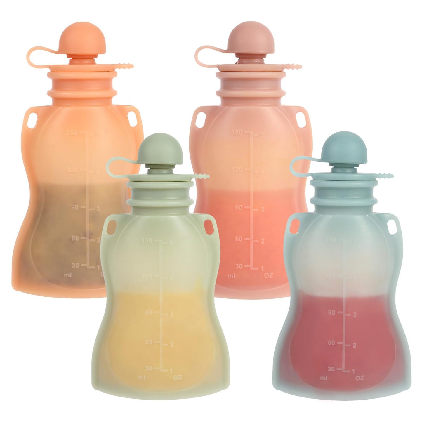 Eascrozn Reusable Baby Food Pouches with Straws, 4 Pack Refillable Silicone Squeezable Pouch for Kids Toddlers, BPA Free, Baby Food Storage Containers for Make Homemade, 5 oz