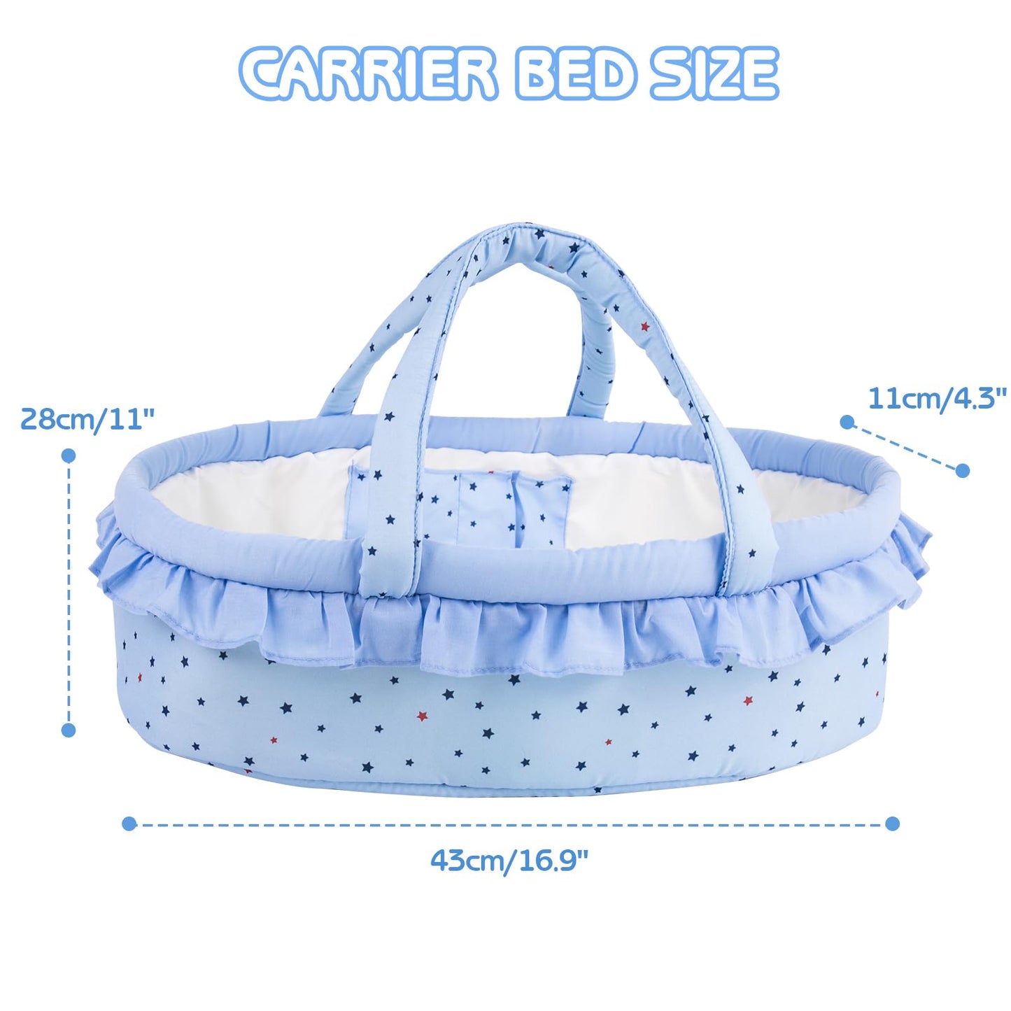 Aori 7 Pcs Reborn Baby Dolls Outfit Set with Bassinet Accessories for 16-18 Inch Newborn Doll, Blue Carrier Bed and Baby Clothes fit Newborn Doll