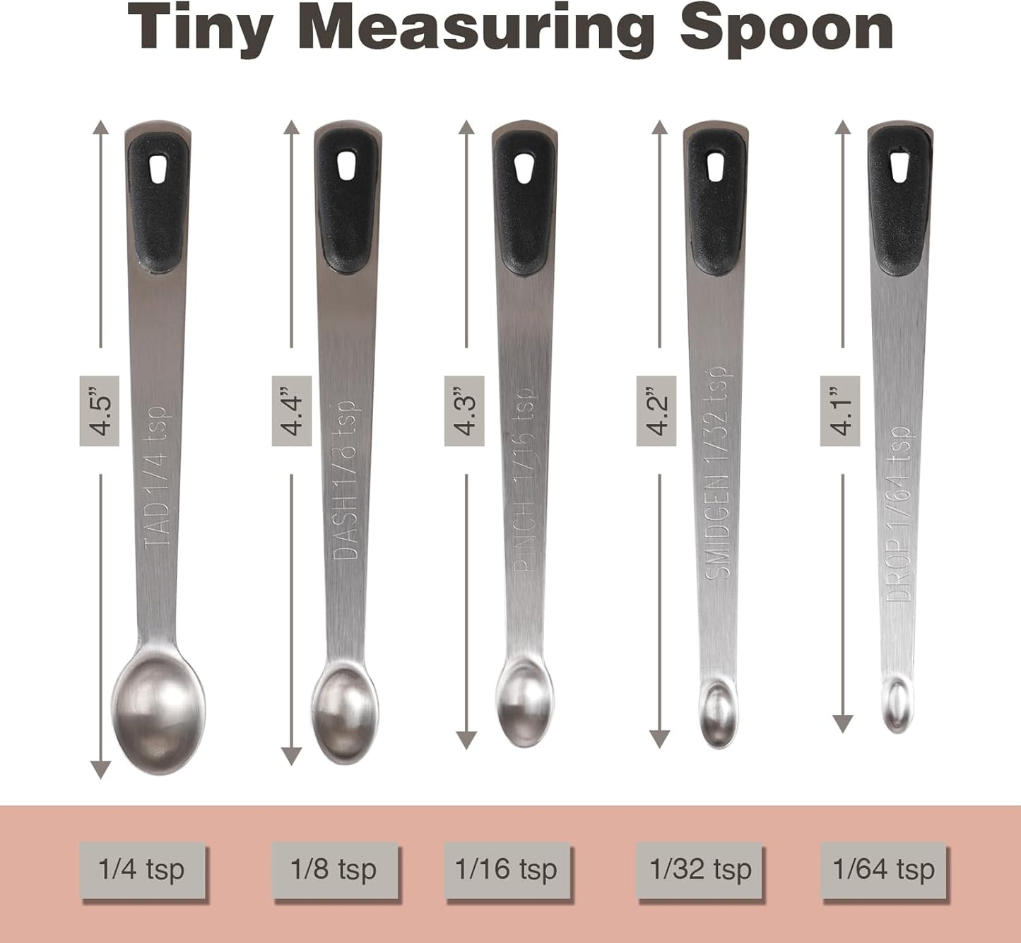Measuring Spoons Set of 5, Tiny Stainless Steel Measuring Spoons with Black Silicone Handle for Dry or Liquid