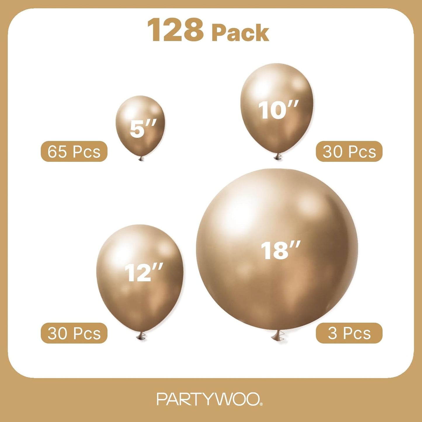 PartyWoo Metallic Gold Balloons - 128-Piece Chrome Balloon Arch Kit for Birthday & Wedding Decor | 5-18 Inch Sizes