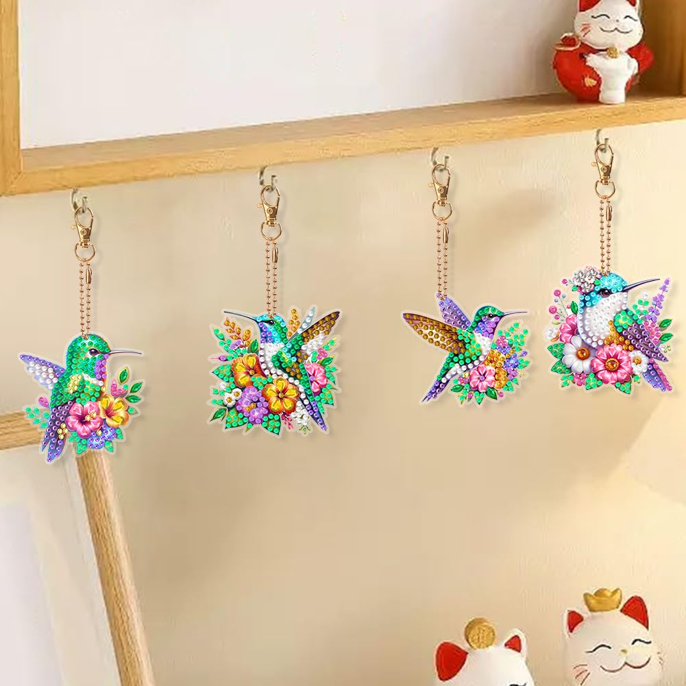 C'eitura 6Pcs Hummingbird Diamond Art Keychain Kits, DIY 5D Diamond Painting Ornaments for Kids & Adults, Handmade Creative Gift for Friends, Family