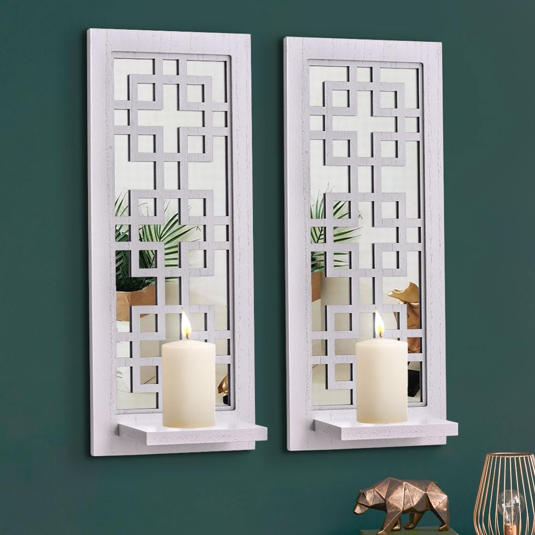 Aeveco Set 2, Wall Mirrored Candle Sconces of Decorative Wooden Candle Holder, Rustic Candle Sconce, White Living Room