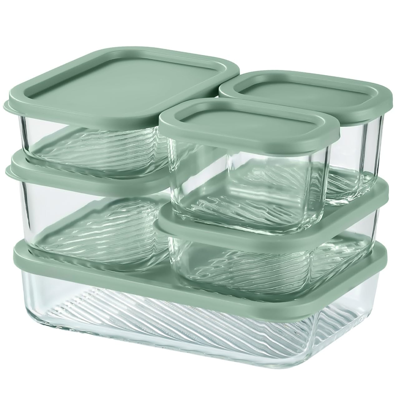 EATEX 6 Pack Glass Meal Prep Containers with Grooved Base, 6 Stackable BPA Free Glass Storage Containers with Lids for Lunch, Pantry, and Kitchen - Microwave, Dishwasher Freezer & Oven Safe - Sage