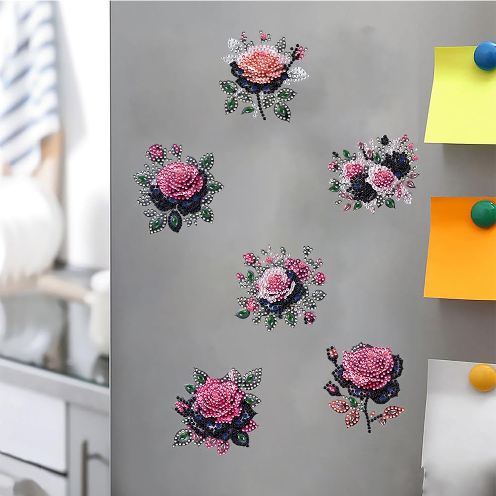 POETRYDRAW 6 Pcs Diamond Painting Magnets Special Shape Rose Diamond Art Stickers Refrigerator for Fridge Stickers DIY Home Decors Crafts Gifts