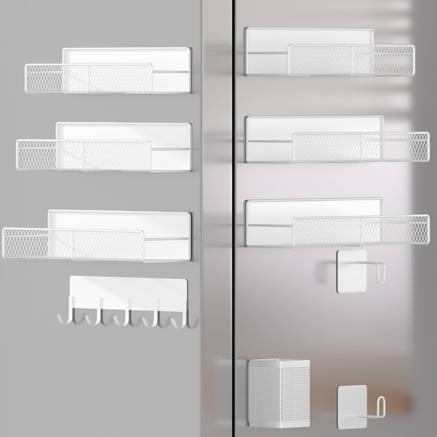 Magnetic Spice Rack for Refrigerator, 6 Pack 100% Metal Strong Magnet Shelf, Space Saving Spice Organizer, Home Kitchen Laundry Room Storage Organization W/ Paper Towel Holder, Utensils Racks (Grey)