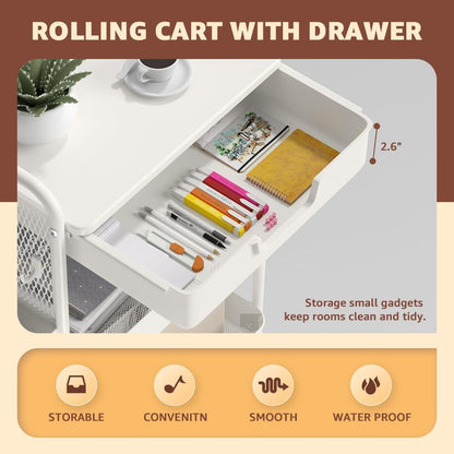 HIDODO 3 Tier Rolling Cart with Drawer, Metal Rolling Utility Cart on Wheels with Pegboard, Art Cart Storage Organizer with Tabletop for Living Room, Office, Bedroom (White)
