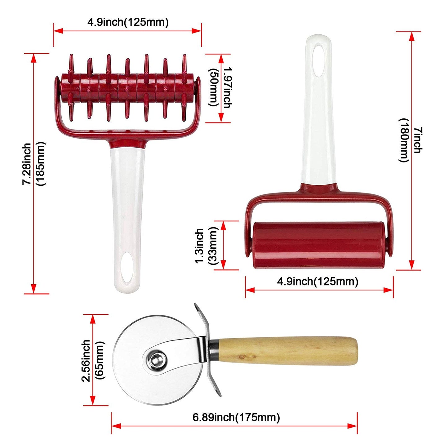 4 pcs Pizza Tools Set incl Dough Cutter Roller Docker and Pizza Cutter Wheel, Pastry Pizza Pie Roller Rolling Pins and Time-Saver Pizza Dough Docker (4 pcs)