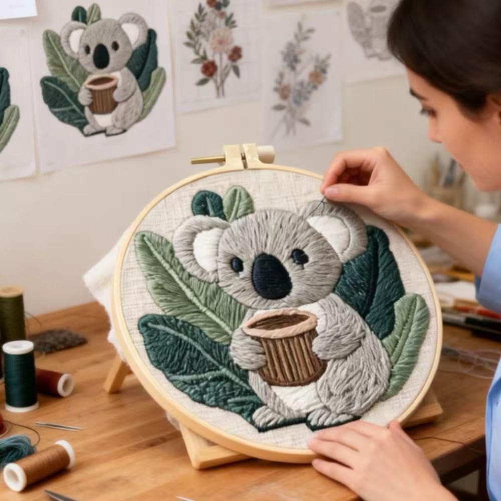 HCANPER Cute Koala Embroidery Starter Kit,DIY Needle Punch Kit, Punch Needle Kits for Beginners,Include Pre-Printed Fabric,Tools,Embroidery Hoop,Threads. (Adorkable)