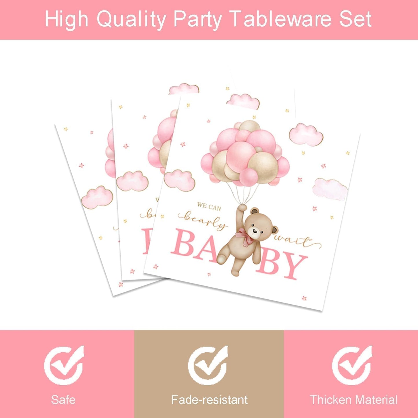 96 Pcs Bear Baby Shower Party Plates and Napkins Set, We Can Bearly Wait Party Decorations Supplies Brown Coffee Pink Tableware for Girl Baby Shower Decor, Serves 24