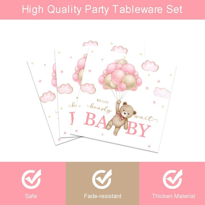 96 Pcs Bear Baby Shower Party Plates and Napkins Set, We Can Bearly Wait Party Decorations Supplies Brown Coffee Pink Tableware for Girl Baby Shower Decor, Serves 24