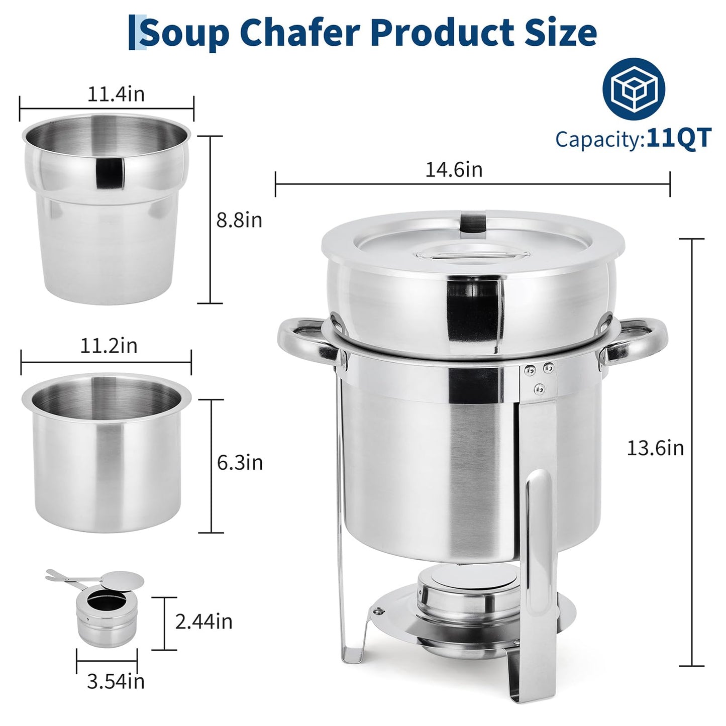 GarveeHome 11QT Soup Chafer Set of 2, Stainless Steel Round Soup Warmer with Pot, Notched Lids & Fuel Holders, Commercial Food Warmer for Buffets, Events and Party Service