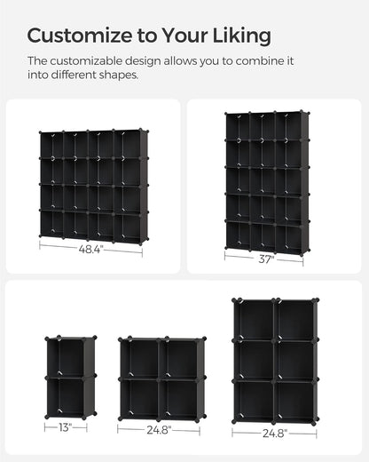 SONGMICS Cube Storage Organizer - Set of 16 Plastic Cubes for Room Organization | Black, 12.2 x 48.4 x 48.4 Inches