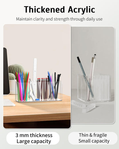 Uniclife Clear Acrylic Pen Holder for Desk, Plastic Pencil Holder Pen Organizer with 4 Compartments, Desktop Stationery Organizer for Office Home School, Vertical Makeup Brush Holder, 9" x 3" x 4"