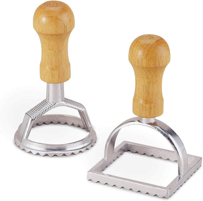 2.5-Inch 2-Inch, 2-Piece Set Fantes Ravioli Maker Stamps With Wooden Handles, Fluted Round And Square Shapes