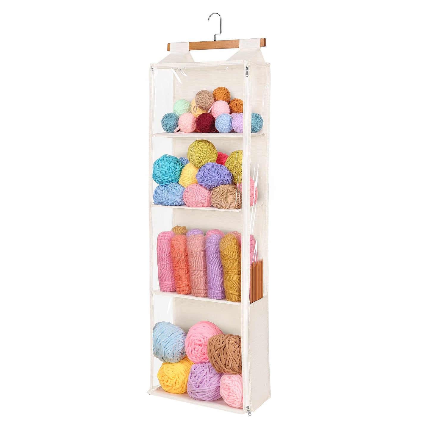 Univivi Hanging Yarn Storage Organizer with 4 Clear Compartments & Side Knitting Needles Pocket, Hanging Yarn Holder for Crochet Lovers (Beige)