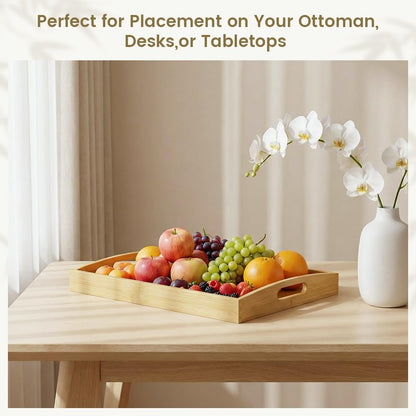 Bamboo Serving Tray with Handles - 2 Pack Wooden Food Tray for Breakfast in Bed, Eating, Decor and Storing - Decorative Trays Platter Use for Kitchen, Ottoman, Living Room, Party and Restaurant