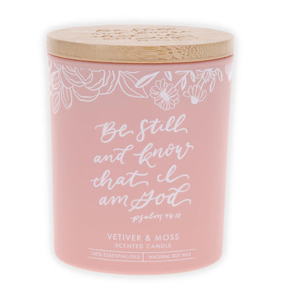 Christian Art Gifts Soy Wax Scented Candle: Be Still & Know Bible Verse, Vetiver & Moss Scent, Pure Essential Oils, 4.5 oz, Up to 20 Hours Burn Time, Glass Jar w/Bamboo Lid, Women's Encouragement Gift
