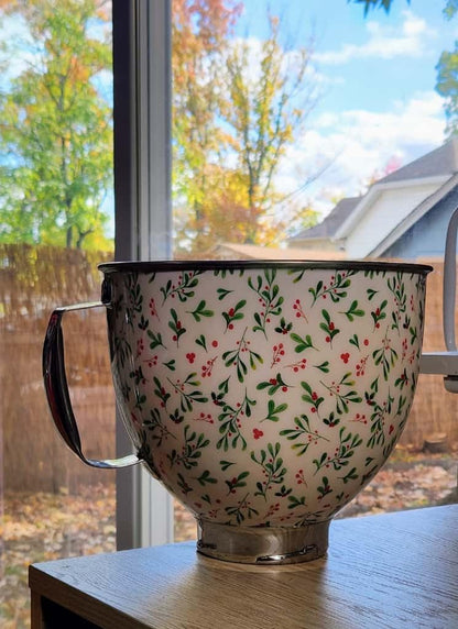 Biscuitique Stainless Steel Mixer Bowl with Stunning Floral Holly Berry Pattern Compatible with Kitchen Aid Tilt-Head 4.5 Quart and 5QT Stand Mixer