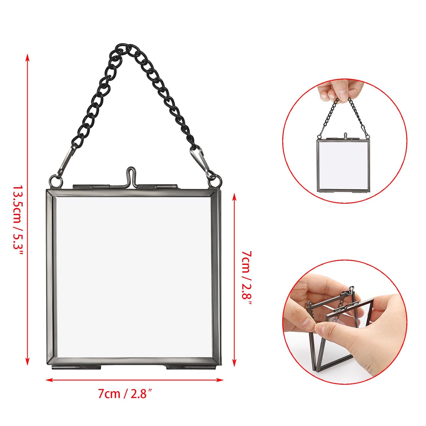 JUXYES 4 Pack Wall Hanging Mini Brass Glass Ornament Frames, Square Floater Picture Artwork Display Frame, Double Glass Floating Tiny Frames Gallery Wall Frame for Photo, Picture, Pressed Flower, Black
