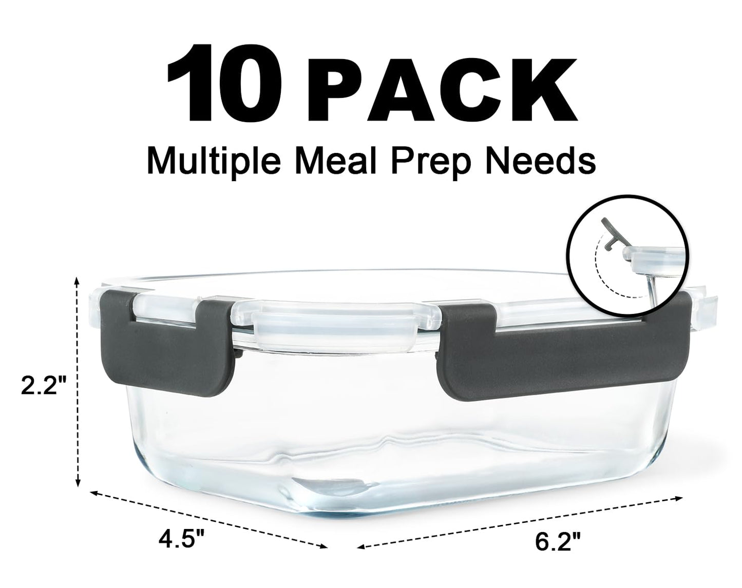 KAMOTA Glass Food Storage Containers, 10 Pack Glass Meal Prep Containers, Airtight Containers with Snap-Lock Lids, 22 oz Grey Container Set with Lids, for Microwave/Oven/Freezer/Dishwasher